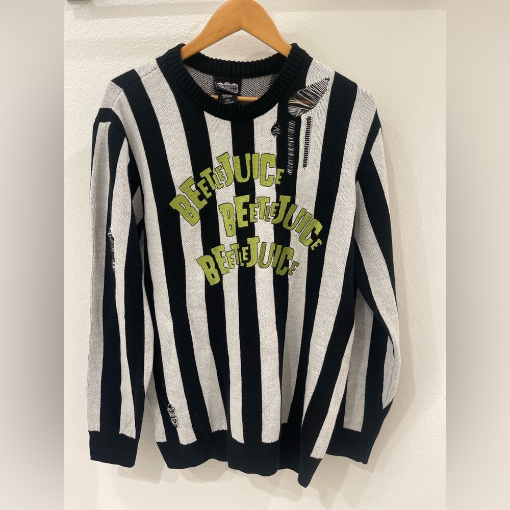 Beetlejuice Beetlejuice Black & White Stripe Destructed Sweater